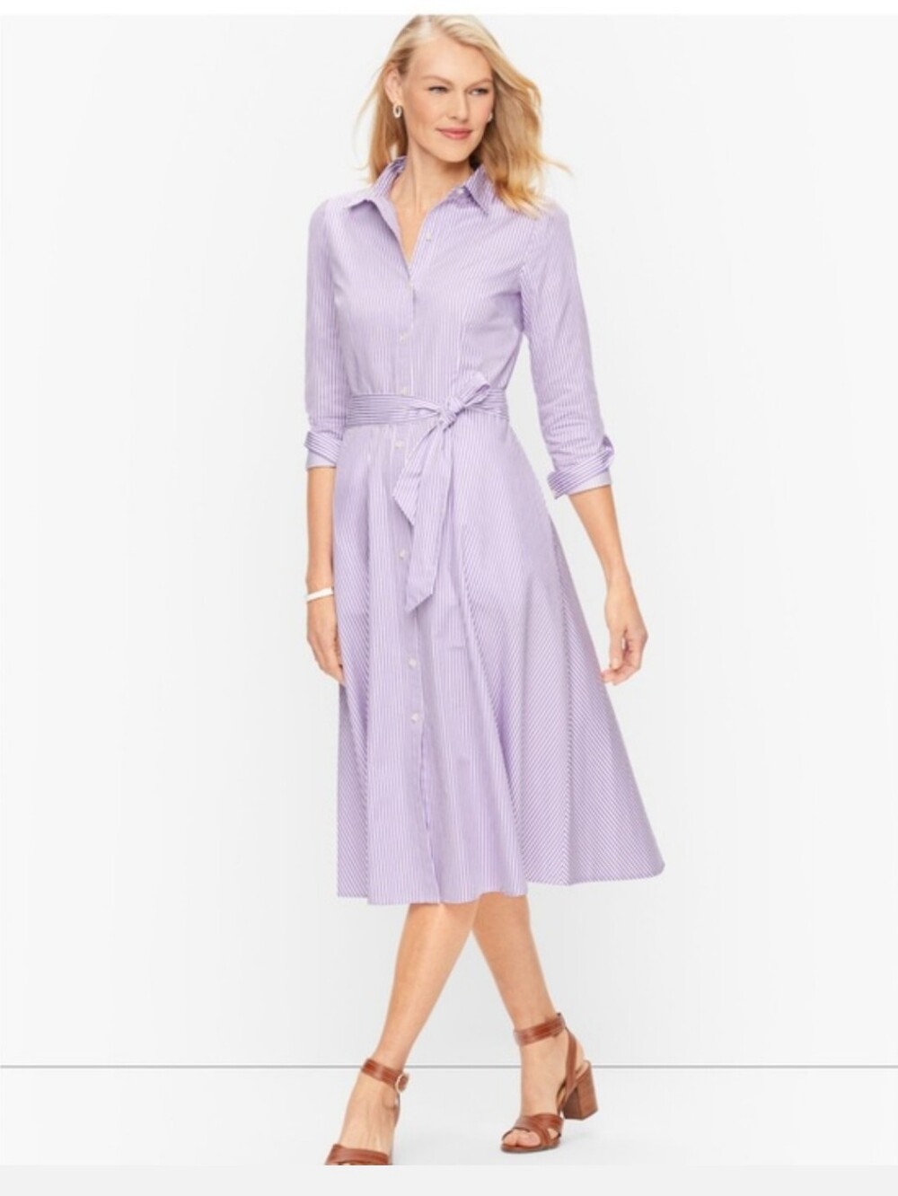 Talbots Lilac Stripe Shirt Dress with Tie Waist